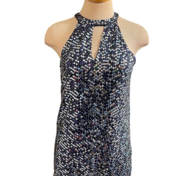 PARKER Sequin Beaded Aquarius Blue Keyhole Halter Cocktail Dress Evening Size 4 - Picture 2 of 14